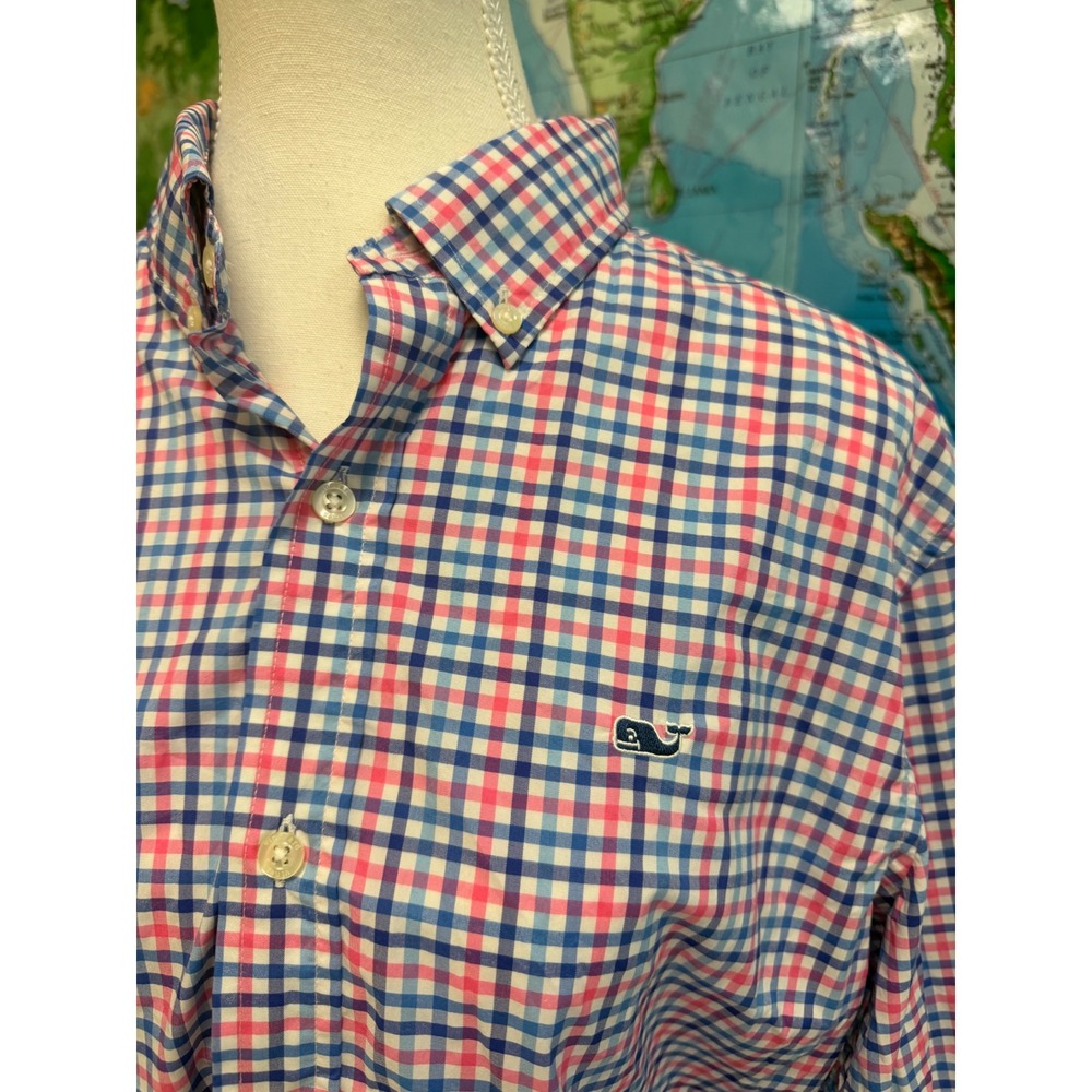 Vineyard Vines Performance Shirt Mens Medium Pink Blue Gingham Classic Fit Whale